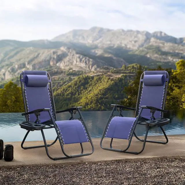 Alt view image 2 of 6 - Patio Zero Gravity Chair Outdoor Folding Lounge Chair Recliners Adjustable Lawn Lounge Chair with Pillow for Poolside, Yard and Camping (Deep Blue)