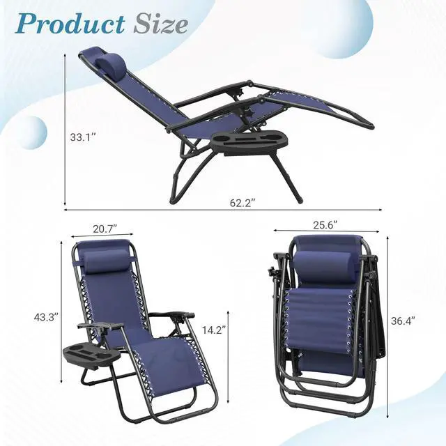 Alt view image 3 of 6 - Patio Zero Gravity Chair Outdoor Folding Lounge Chair Recliners Adjustable Lawn Lounge Chair with Pillow for Poolside, Yard and Camping (Deep Blue)