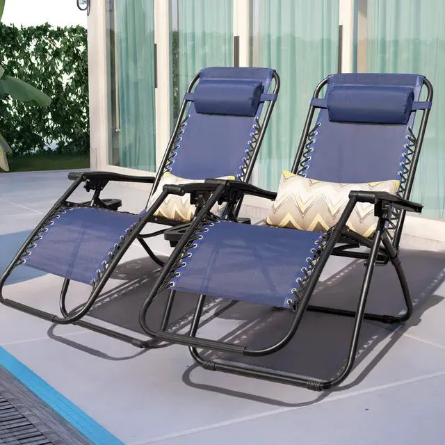 Alt view image 4 of 6 - Patio Zero Gravity Chair Outdoor Folding Lounge Chair Recliners Adjustable Lawn Lounge Chair with Pillow for Poolside, Yard and Camping (Deep Blue)