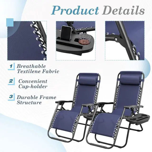 Alt view image 5 of 6 - Patio Zero Gravity Chair Outdoor Folding Lounge Chair Recliners Adjustable Lawn Lounge Chair with Pillow for Poolside, Yard and Camping (Deep Blue)