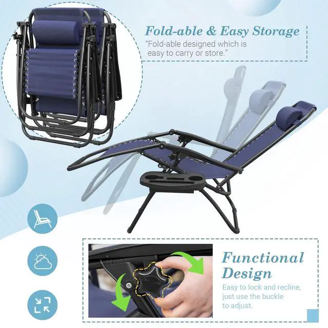 Alt view image 6 of 6 - Patio Zero Gravity Chair Outdoor Folding Lounge Chair Recliners Adjustable Lawn Lounge Chair with Pillow for Poolside, Yard and Camping (Deep Blue)