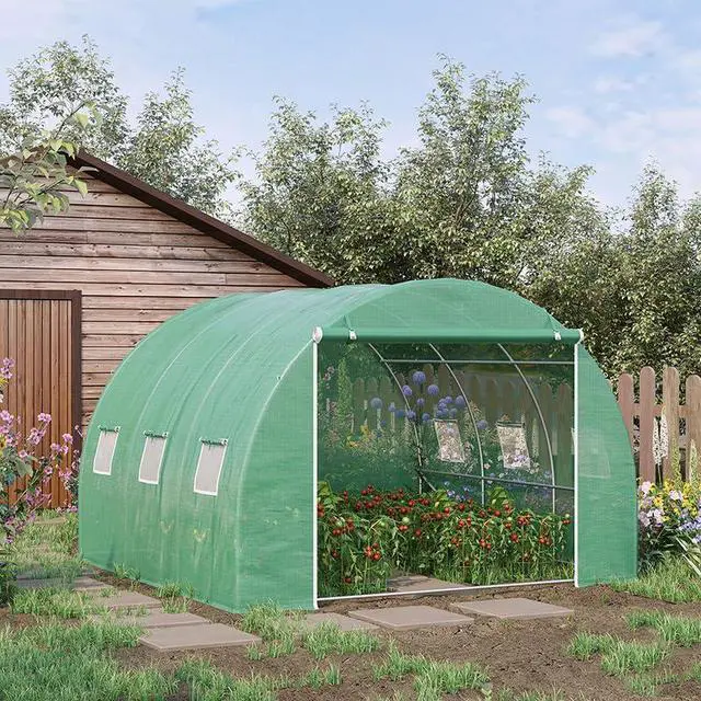 Alt view image 2 of 6 - 10' x 10' x 6.5' Walk-in Tunnel Hoop Greenhouse, Green House for Outside with PE Cover, Steel Frame, Roll-Up Zipper Door & Windows for Flowers, Vegetables, Tropical Plants, Green