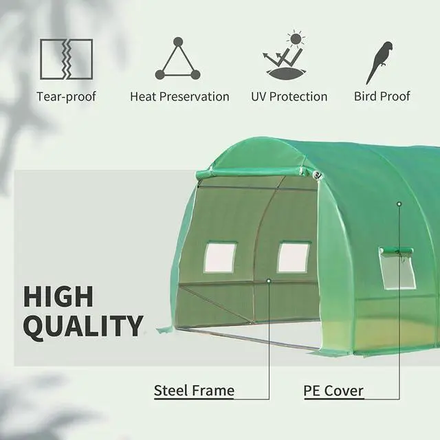 Alt view image 3 of 6 - 10' x 10' x 6.5' Walk-in Tunnel Hoop Greenhouse, Green House for Outside with PE Cover, Steel Frame, Roll-Up Zipper Door & Windows for Flowers, Vegetables, Tropical Plants, Green