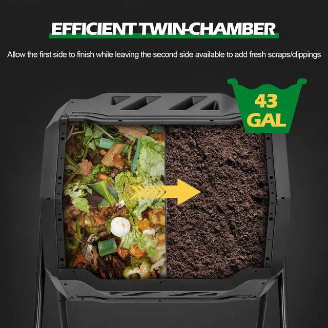 Alt view image 2 of 6 - 43 Gallon Compost Tumbler Bin Composter Dual Chamber BPA Free Compost Bin Outdoor Rotating Garden Yard Waste Bins