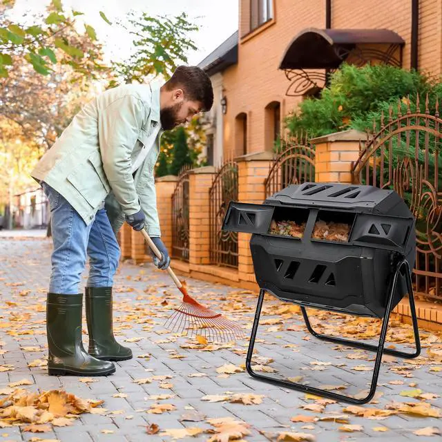 Alt view image 6 of 6 - 43 Gallon Compost Tumbler Bin Composter Dual Chamber BPA Free Compost Bin Outdoor Rotating Garden Yard Waste Bins