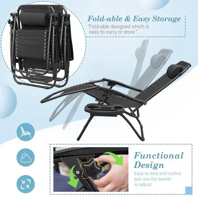 Alt view image 5 of 6 - Patio Zero Gravity Chair Outdoor Folding Lounge Chair Recliners Adjustable Lawn Lounge Chair with Pillow for Poolside, Yard and Camping (Black)