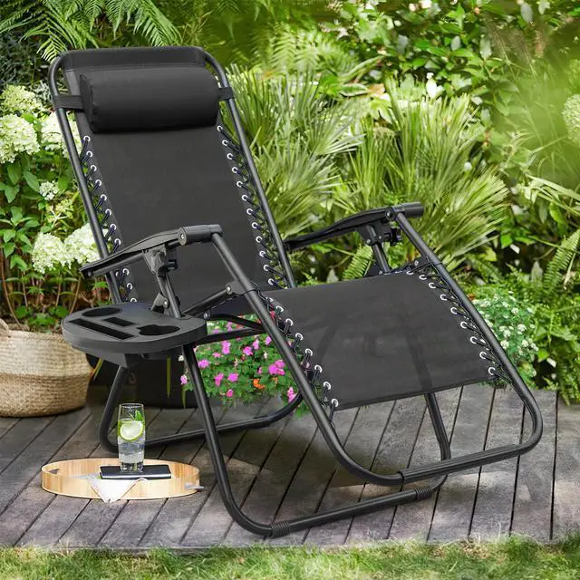 Alt view image 6 of 6 - Patio Zero Gravity Chair Outdoor Folding Lounge Chair Recliners Adjustable Lawn Lounge Chair with Pillow for Poolside, Yard and Camping (Black)