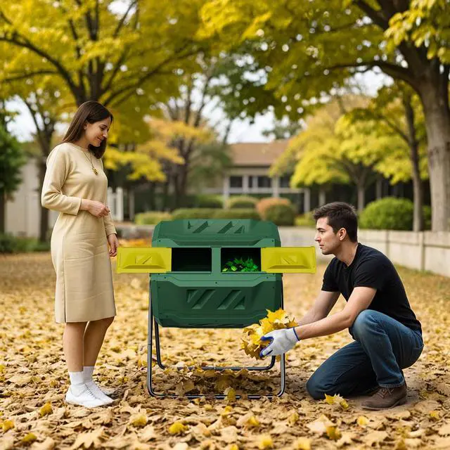 Alt view image 2 of 6 - 43 Gallon Outdoor Dual Chamber Tumbling Composter - BPA Free, Rotating Compost Bin with Sliding Doors & Steel Frame for Garden/Yard