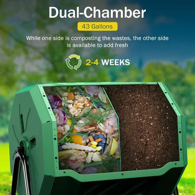 Alt view image 3 of 6 - 43 Gallon Outdoor Dual Chamber Tumbling Composter - BPA Free, Rotating Compost Bin with Sliding Doors & Steel Frame for Garden/Yard