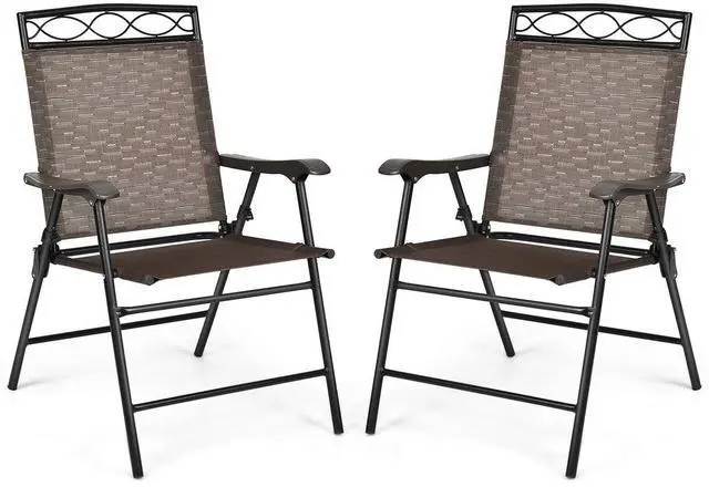 Main image of Set of 2 Patio Chairs, Outdoor Folding Lawn Chairs for Beach, Camping, Backyard, Deck, Sling Patio Dining Chair with Armrest and Metal Frame (Brown)