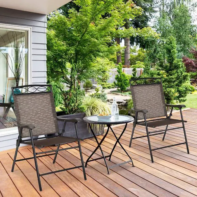 Alt view image 2 of 6 - Set of 2 Patio Chairs, Outdoor Folding Lawn Chairs for Beach, Camping, Backyard, Deck, Sling Patio Dining Chair with Armrest and Metal Frame (Brown)