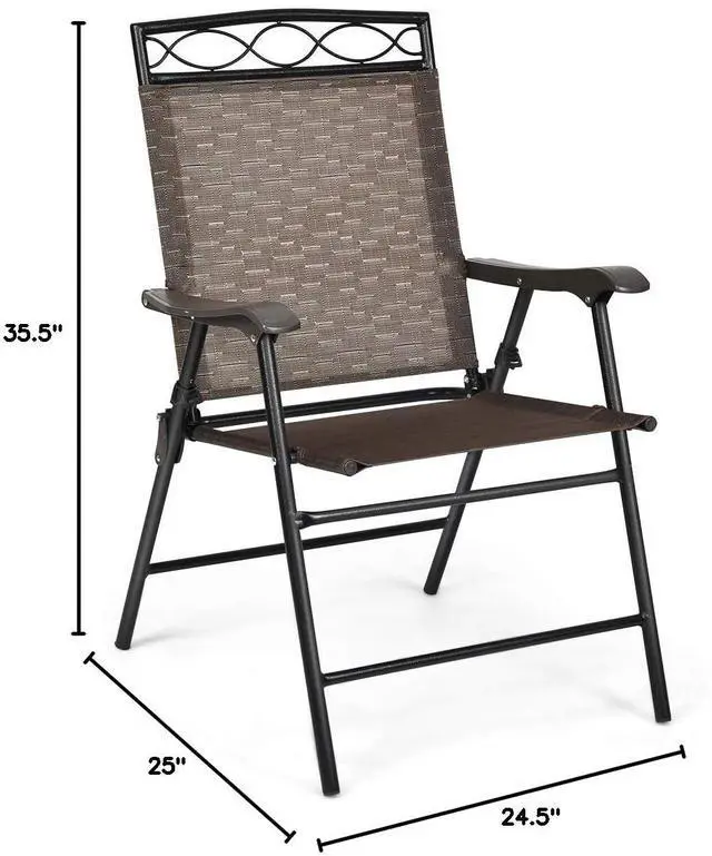 Alt view image 3 of 6 - Set of 2 Patio Chairs, Outdoor Folding Lawn Chairs for Beach, Camping, Backyard, Deck, Sling Patio Dining Chair with Armrest and Metal Frame (Brown)