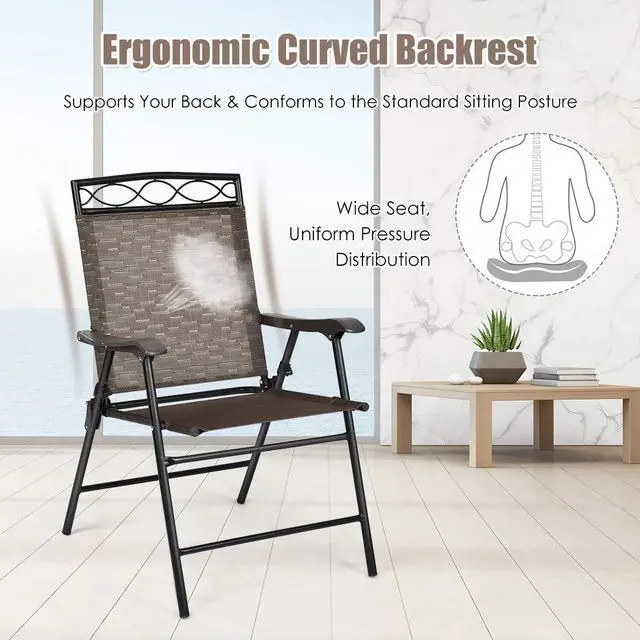 Alt view image 5 of 6 - Set of 2 Patio Chairs, Outdoor Folding Lawn Chairs for Beach, Camping, Backyard, Deck, Sling Patio Dining Chair with Armrest and Metal Frame (Brown)