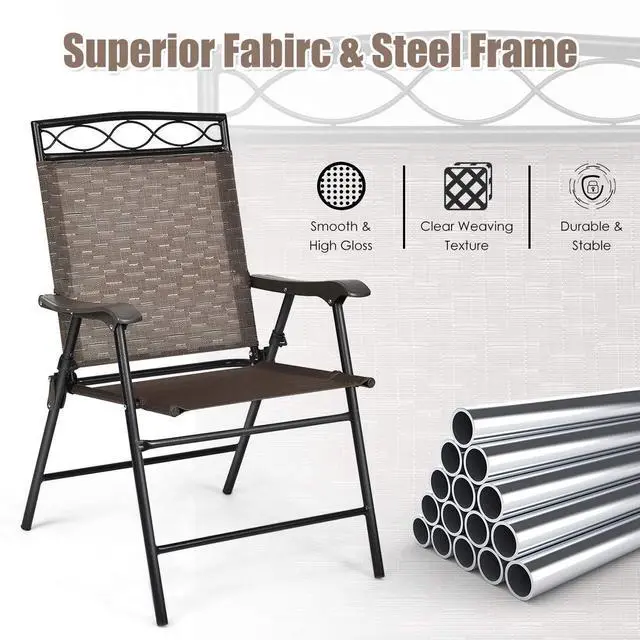 Alt view image 6 of 6 - Set of 2 Patio Chairs, Outdoor Folding Lawn Chairs for Beach, Camping, Backyard, Deck, Sling Patio Dining Chair with Armrest and Metal Frame (Brown)