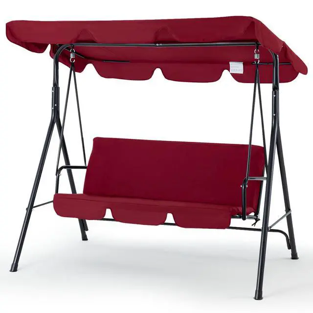 Alt view image 2 of 6 - Patio Swings Outdoor, 3-Seat Glider Patio Swings with Removable Cushion and Adjustable Canopy, Porch Bench for Garden, Poolside&Backyard, Red