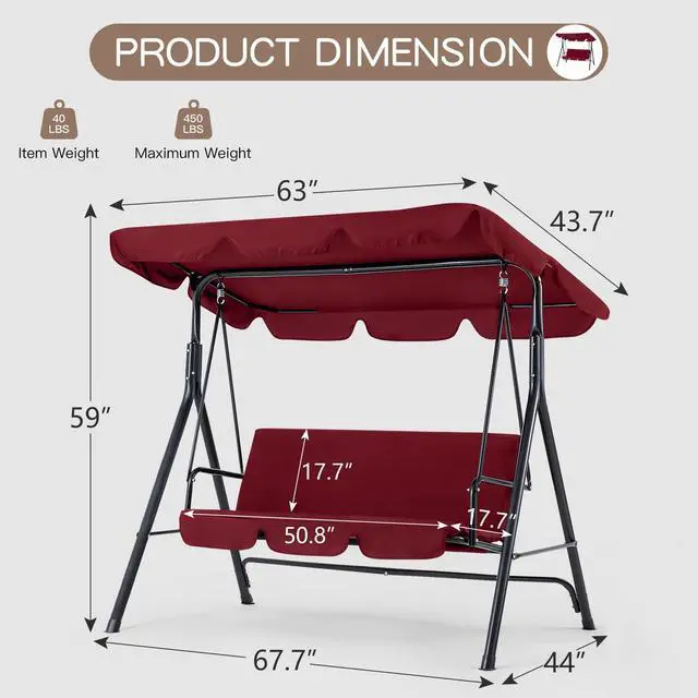 Alt view image 3 of 6 - Patio Swings Outdoor, 3-Seat Glider Patio Swings with Removable Cushion and Adjustable Canopy, Porch Bench for Garden, Poolside&Backyard, Red