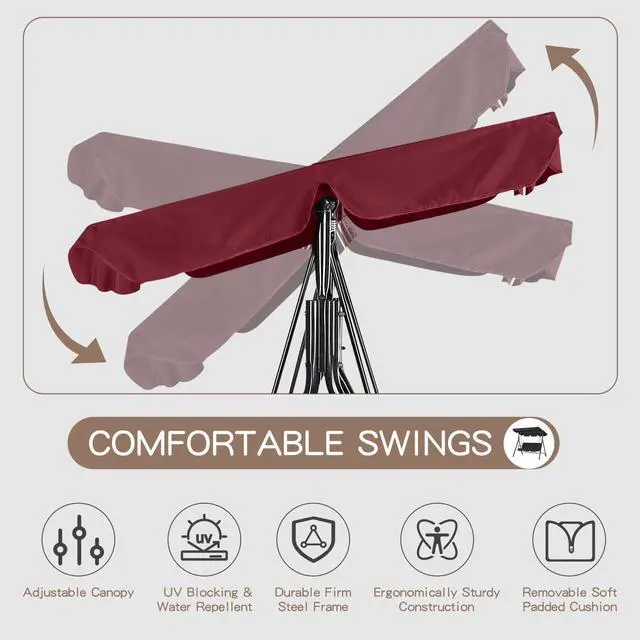 Alt view image 4 of 6 - Patio Swings Outdoor, 3-Seat Glider Patio Swings with Removable Cushion and Adjustable Canopy, Porch Bench for Garden, Poolside&Backyard, Red