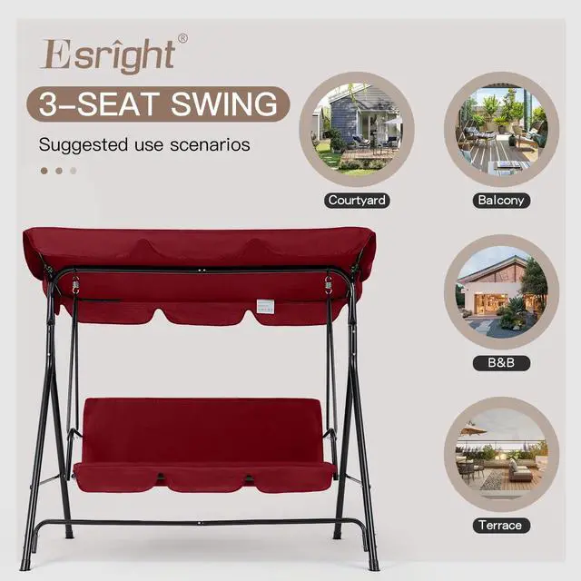 Alt view image 6 of 6 - Patio Swings Outdoor, 3-Seat Glider Patio Swings with Removable Cushion and Adjustable Canopy, Porch Bench for Garden, Poolside&Backyard, Red