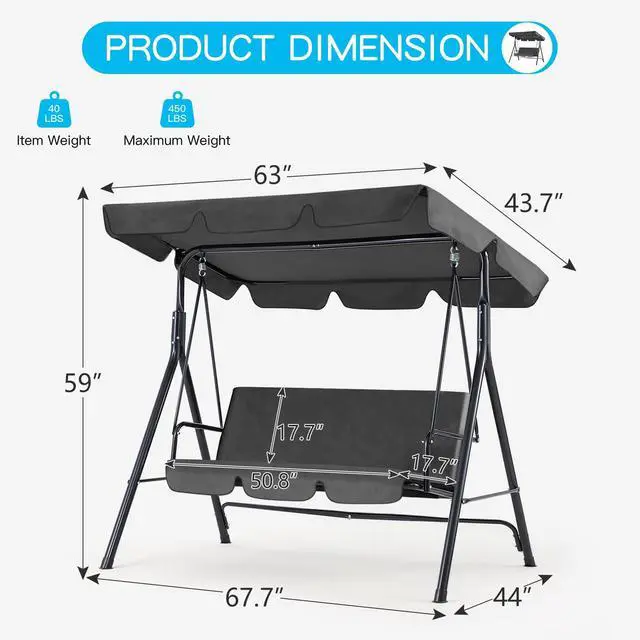 Alt view image 3 of 6 - Patio Swings Outdoor, 3-Seat Glider Porch Bench Swing Clearance with Removable Cushion and Adjustable Shade, Swing Chairs for Garden, Poolside&Backyard, Gray