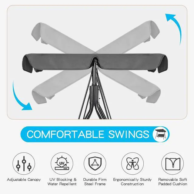Alt view image 4 of 6 - Patio Swings Outdoor, 3-Seat Glider Porch Bench Swing Clearance with Removable Cushion and Adjustable Shade, Swing Chairs for Garden, Poolside&Backyard, Gray