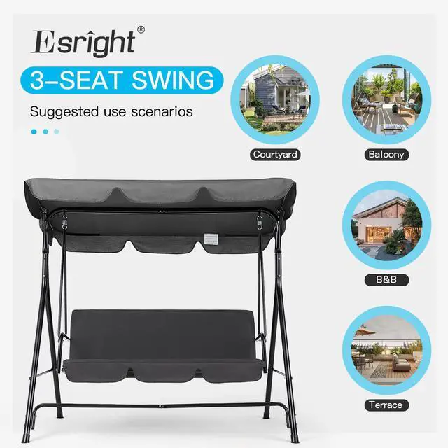 Alt view image 6 of 6 - Patio Swings Outdoor, 3-Seat Glider Porch Bench Swing Clearance with Removable Cushion and Adjustable Shade, Swing Chairs for Garden, Poolside&Backyard, Gray