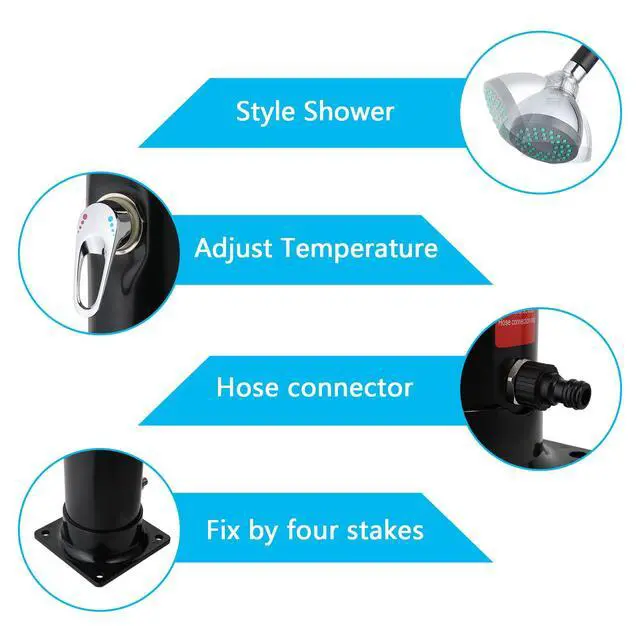 Alt view image 4 of 5 - 2.3 Gallon Solar Heated Outdoor Shower, 7.2 FT Height, Freestanding Outside Shower with 360° Swivel Shower Head & Foot Faucet, Hot & Cold Water Adjustment, Black