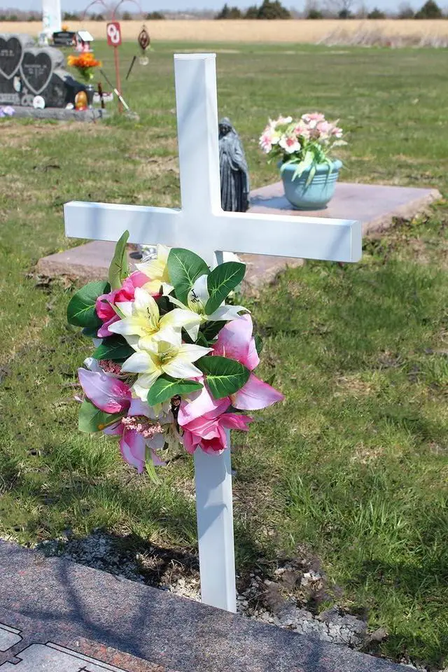 Alt view image 3 of 6 - Large Memorial Cross - Perfect For Outdoor And Memorial Sites - Steel Grave Marker White Powder Coat Finish - Headstone Replacement - Made In The USA