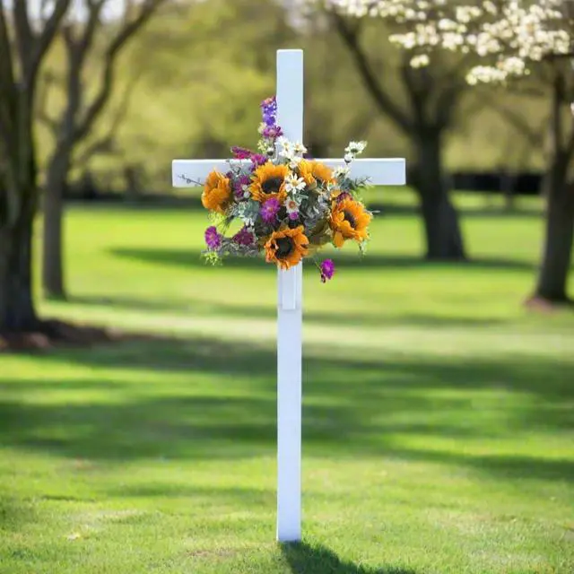 Alt view image 4 of 6 - Large Memorial Cross - Perfect For Outdoor And Memorial Sites - Steel Grave Marker White Powder Coat Finish - Headstone Replacement - Made In The USA