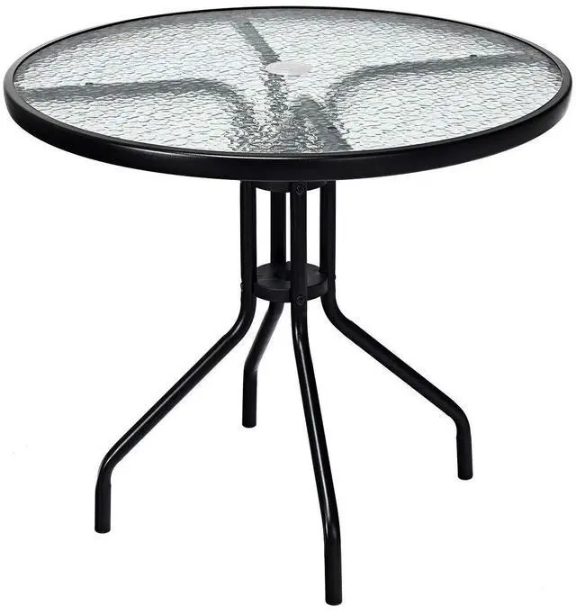 Main image of 32" Outdoor Round Patio Table with Umbrella Hole, All Weather Dining Table Tempered Glass Top, Bistro Table Coffee Table Furniture Commercial Party Event for Backyard Lawn Balcony Pool