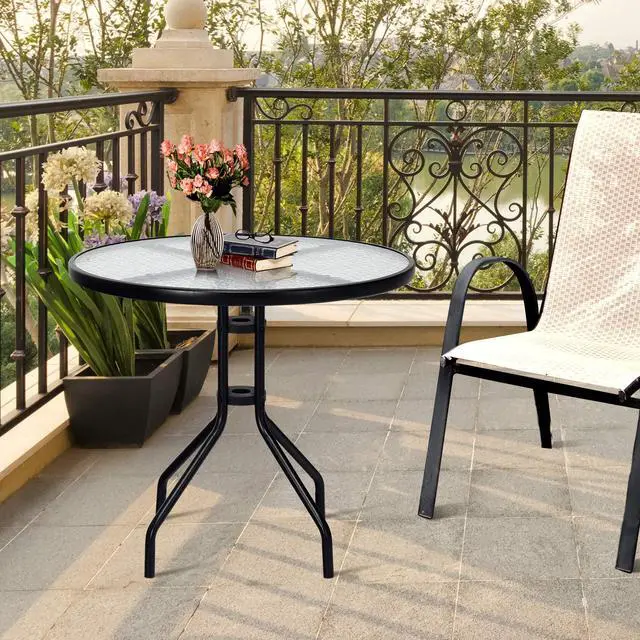 Alt view image 2 of 6 - 32" Outdoor Round Patio Table with Umbrella Hole, All Weather Dining Table Tempered Glass Top, Bistro Table Coffee Table Furniture Commercial Party Event for Backyard Lawn Balcony Pool