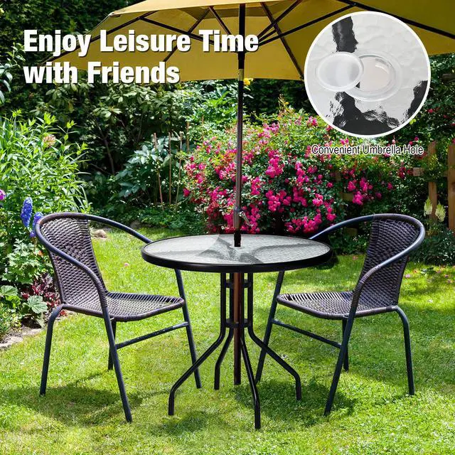 Alt view image 4 of 6 - 32" Outdoor Round Patio Table with Umbrella Hole, All Weather Dining Table Tempered Glass Top, Bistro Table Coffee Table Furniture Commercial Party Event for Backyard Lawn Balcony Pool
