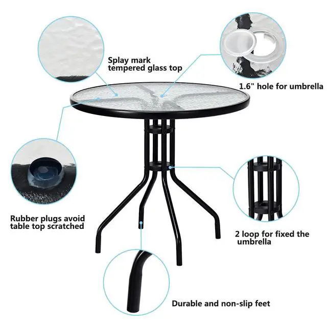 Alt view image 5 of 6 - 32" Outdoor Round Patio Table with Umbrella Hole, All Weather Dining Table Tempered Glass Top, Bistro Table Coffee Table Furniture Commercial Party Event for Backyard Lawn Balcony Pool