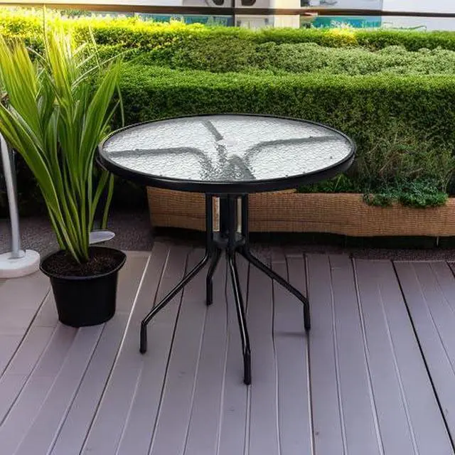 Alt view image 6 of 6 - 32" Outdoor Round Patio Table with Umbrella Hole, All Weather Dining Table Tempered Glass Top, Bistro Table Coffee Table Furniture Commercial Party Event for Backyard Lawn Balcony Pool