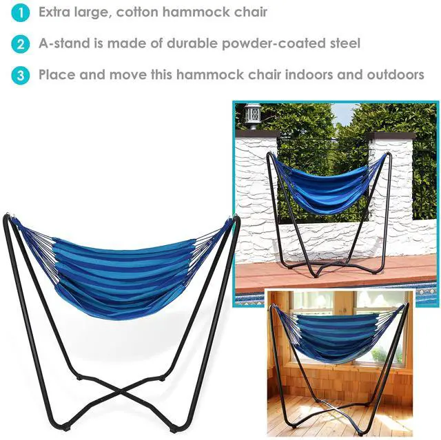 Alt view image 2 of 6 - Sunnydaze Hanging Hammock Chair with Space-Saving Stand for Indoor or Outdoor Use - 330-Pound Capacity - Beach Oasis