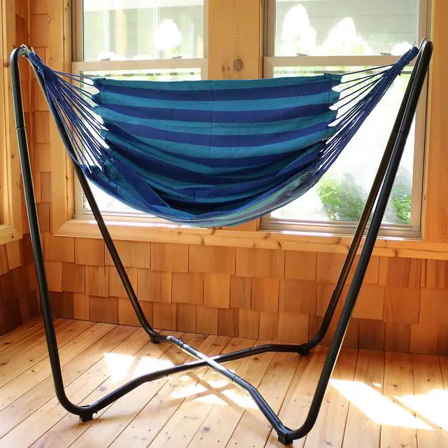 Alt view image 4 of 6 - Sunnydaze Hanging Hammock Chair with Space-Saving Stand for Indoor or Outdoor Use - 330-Pound Capacity - Beach Oasis