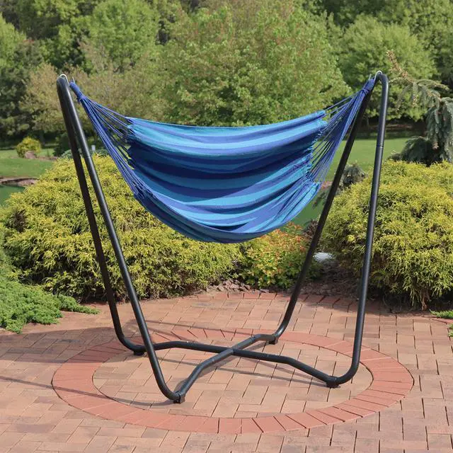 Alt view image 5 of 6 - Sunnydaze Hanging Hammock Chair with Space-Saving Stand for Indoor or Outdoor Use - 330-Pound Capacity - Beach Oasis