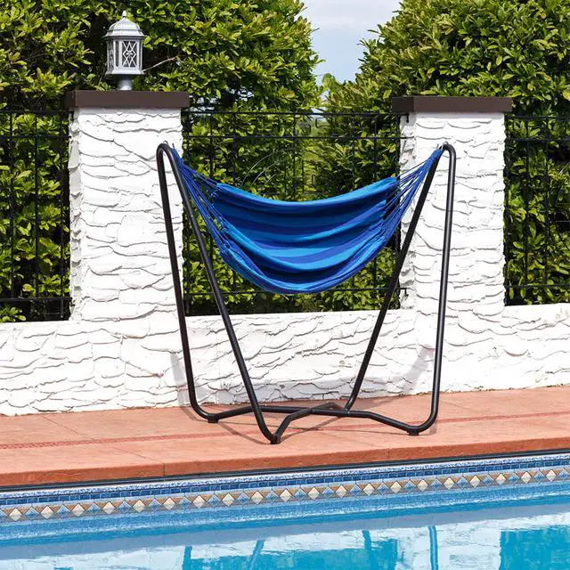 Alt view image 6 of 6 - Sunnydaze Hanging Hammock Chair with Space-Saving Stand for Indoor or Outdoor Use - 330-Pound Capacity - Beach Oasis
