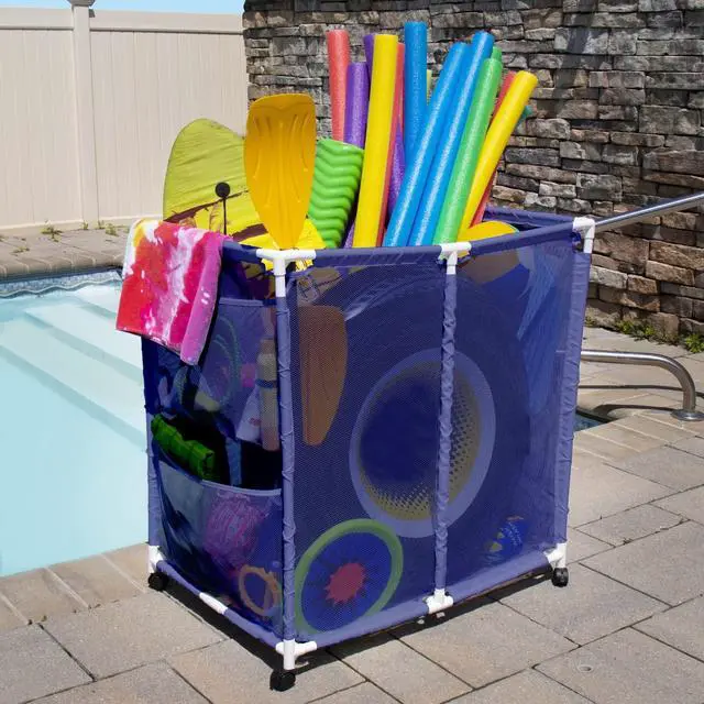 Alt view image 3 of 6 - Pool Floats, Balls, Toys and Equipment Rolling Mesh Organizer Storage Bin, Large, (35" W x 25.4" L x 37.5" H), Blue/White Style 455102