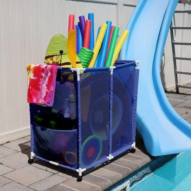 Alt view image 4 of 6 - Pool Floats, Balls, Toys and Equipment Rolling Mesh Organizer Storage Bin, Large, (35" W x 25.4" L x 37.5" H), Blue/White Style 455102