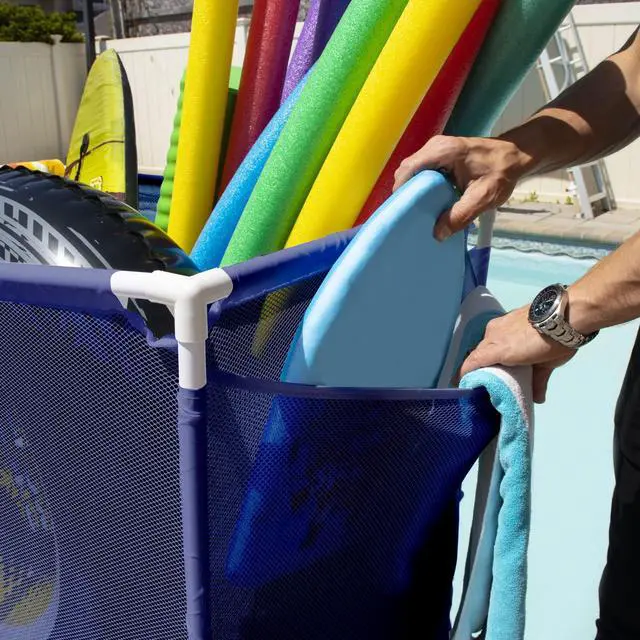 Alt view image 5 of 6 - Pool Floats, Balls, Toys and Equipment Rolling Mesh Organizer Storage Bin, Large, (35" W x 25.4" L x 37.5" H), Blue/White Style 455102