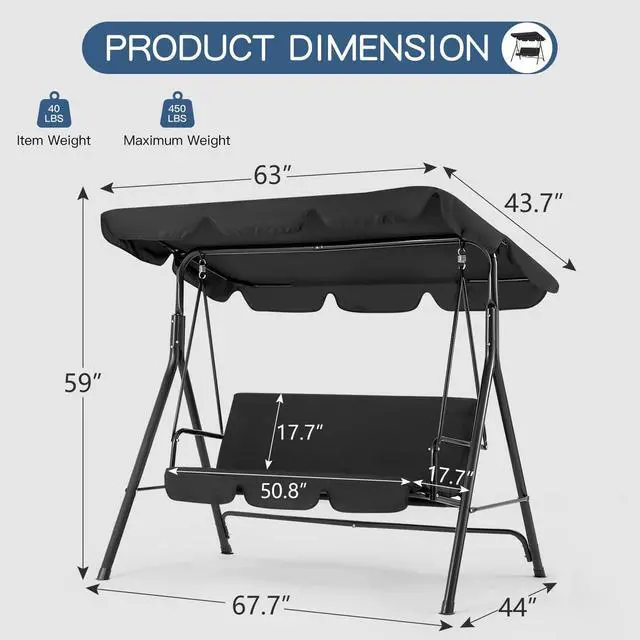 Alt view image 3 of 6 - Patio Swings Outdoor, 3-Seat Glider Patio Swings with Removable Cushion and Adjustable Canopy, Porch Bench for Garden, Poolside&Backyard, Black