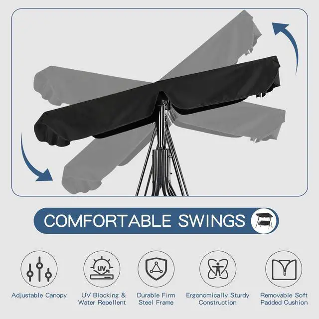Alt view image 4 of 6 - Patio Swings Outdoor, 3-Seat Glider Patio Swings with Removable Cushion and Adjustable Canopy, Porch Bench for Garden, Poolside&Backyard, Black