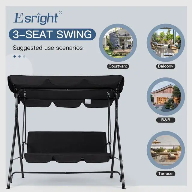 Alt view image 6 of 6 - Patio Swings Outdoor, 3-Seat Glider Patio Swings with Removable Cushion and Adjustable Canopy, Porch Bench for Garden, Poolside&Backyard, Black