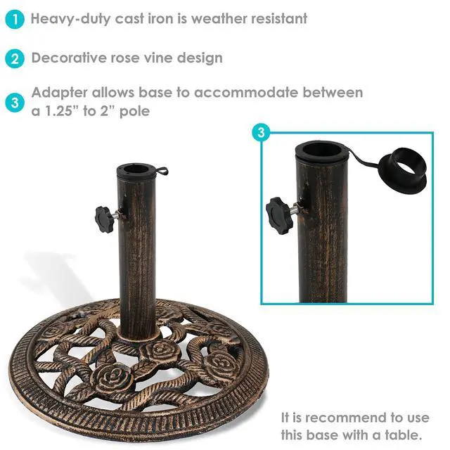 Alt view image 2 of 6 - Sunnydaze 17lb Cast Iron Patio Umbrella Base - Heavy-Duty Round Metal Outdoor Market Umbrella Stand for Outside - 16-Inch - Bronze - Rose Blossom