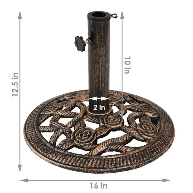 Alt view image 3 of 6 - Sunnydaze 17lb Cast Iron Patio Umbrella Base - Heavy-Duty Round Metal Outdoor Market Umbrella Stand for Outside - 16-Inch - Bronze - Rose Blossom