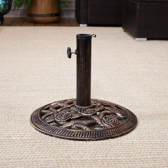 Alt view image 4 of 6 - Sunnydaze 17lb Cast Iron Patio Umbrella Base - Heavy-Duty Round Metal Outdoor Market Umbrella Stand for Outside - 16-Inch - Bronze - Rose Blossom