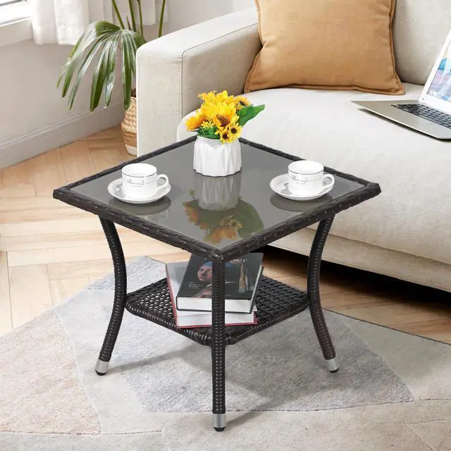 Alt view image 2 of 6 - Outdoor Side Table, 20" Square Wicker End Table, Tempered Glass Top Coffee Table with Storage, Aluminum Frame-Brown