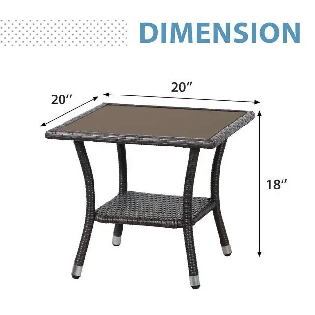 Alt view image 3 of 6 - Outdoor Side Table, 20" Square Wicker End Table, Tempered Glass Top Coffee Table with Storage, Aluminum Frame-Brown