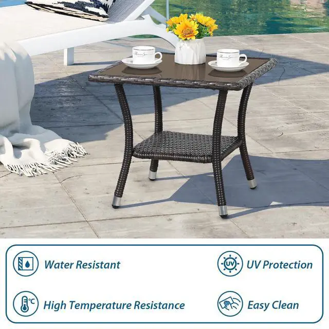 Alt view image 4 of 6 - Outdoor Side Table, 20" Square Wicker End Table, Tempered Glass Top Coffee Table with Storage, Aluminum Frame-Brown