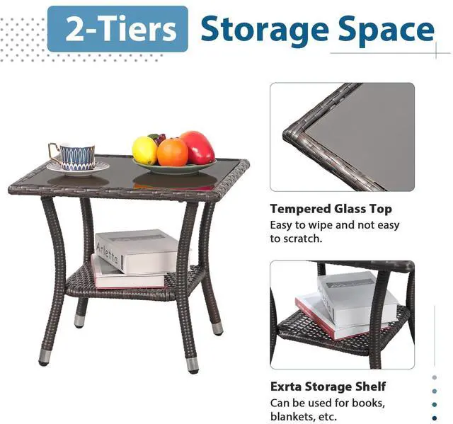 Alt view image 5 of 6 - Outdoor Side Table, 20" Square Wicker End Table, Tempered Glass Top Coffee Table with Storage, Aluminum Frame-Brown